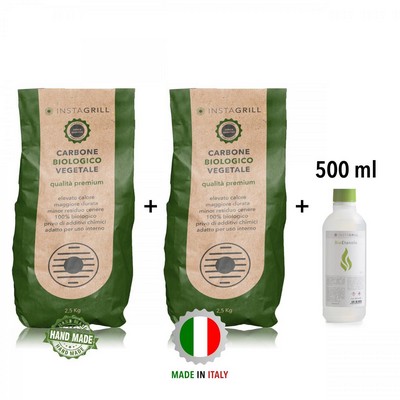 InstaGrill InstaGrill – Hochwertige pflanzliche Holzkohle – 2 x 2,5 kg + Bioethanol-Gel 500 ml